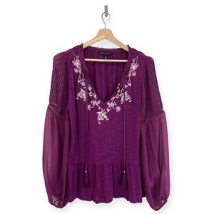 White House Black Market WHBM Purple Embroidered Peplum Chiffon Sleeves Medium